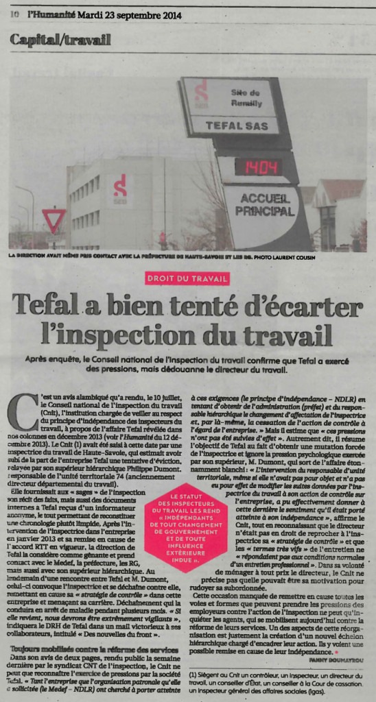 Le conseil national de l'inspection du travail confirme que l'inspection du travail a bien fait l'objet de pressions de la part de Téfal et du Medef local.